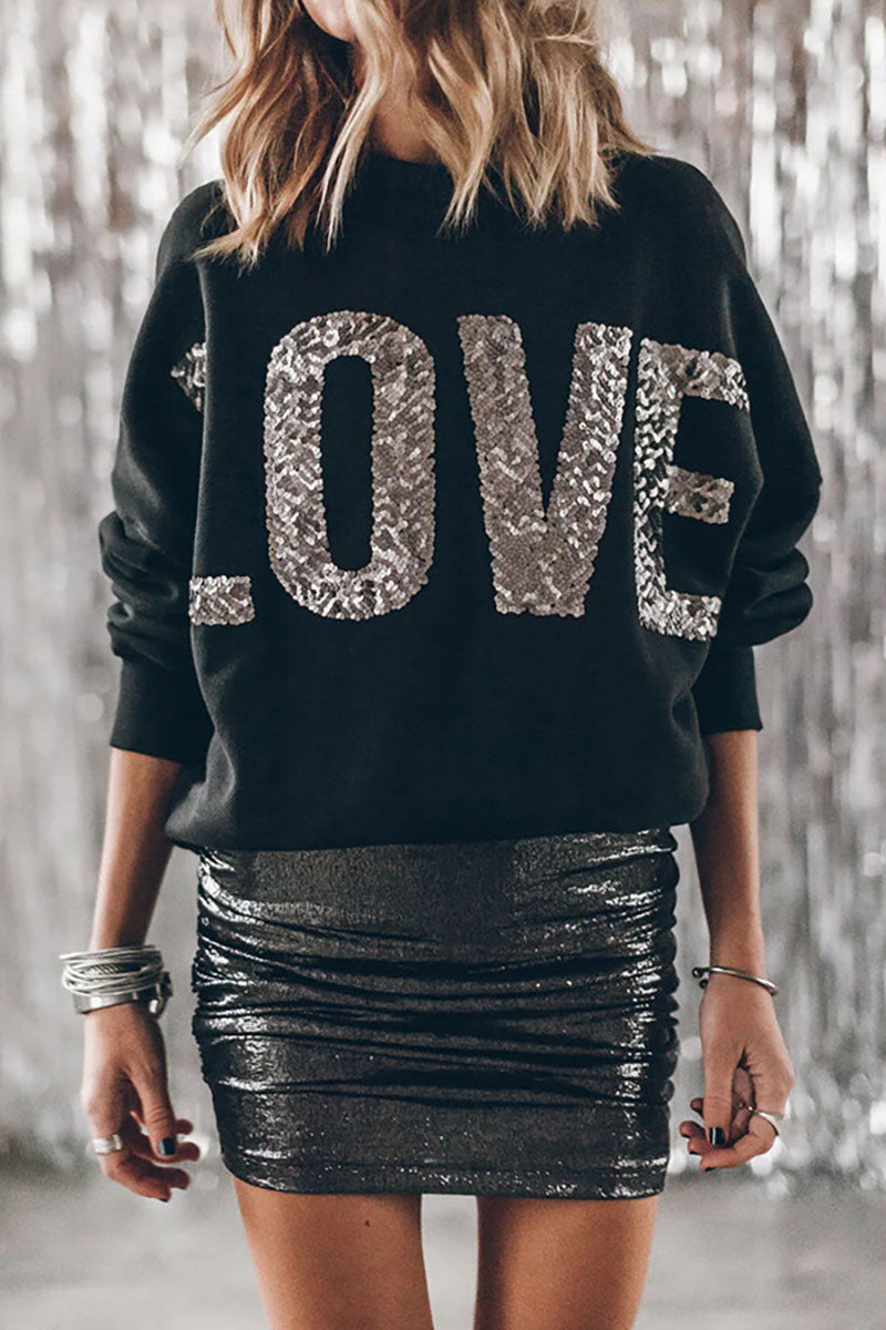 Creamtopmall Bat sleeve sequin LOVE black sweatshirt