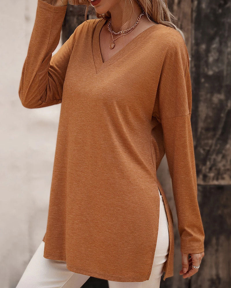 Creamtopmall Loose hem slit knitted long-sleeved T-shirt