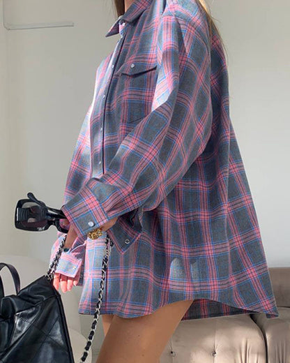 Creamtopmall Notched Lapel Loose-Fit Plaid Long Sleeve Pocket Shirt