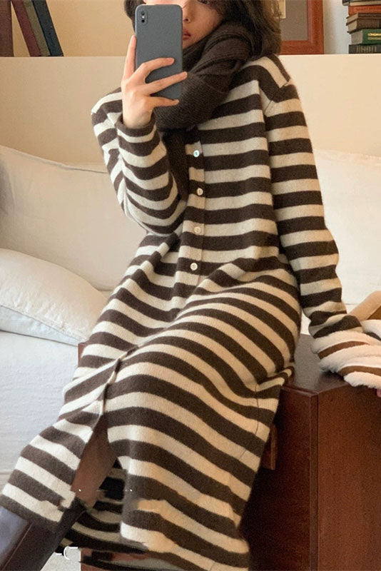 Creamtopmall V-neck striped knitted cardigan long dress