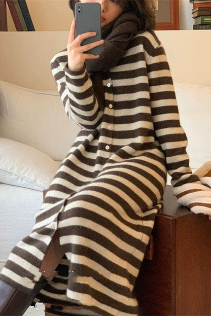 Creamtopmall V-neck striped knitted cardigan long dress