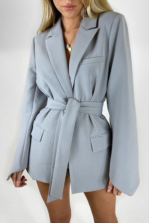 Creamtopmall Solid Color Belted Tunic Jacket