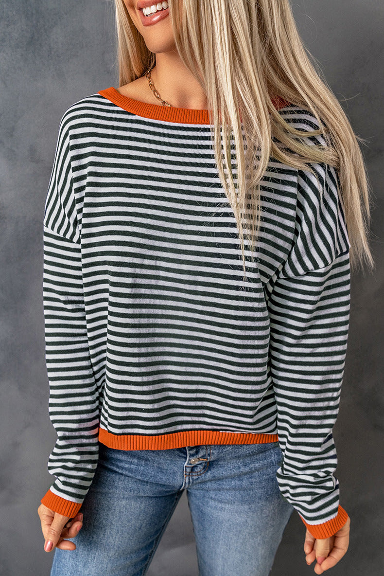 Creamtopmall Contrast striped drop shoulder sweater