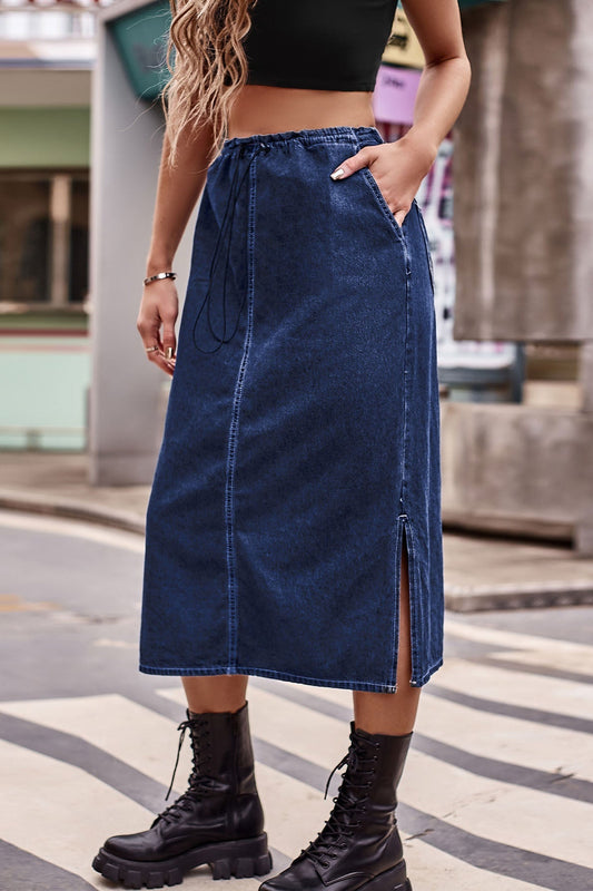 Creamtopmall Get It Going Denim Blue Midi Skirt