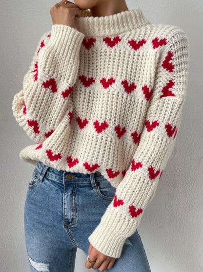 Creamtopmall Half High Neck Loose Fit Love Heart Jacquard Knit Sweater