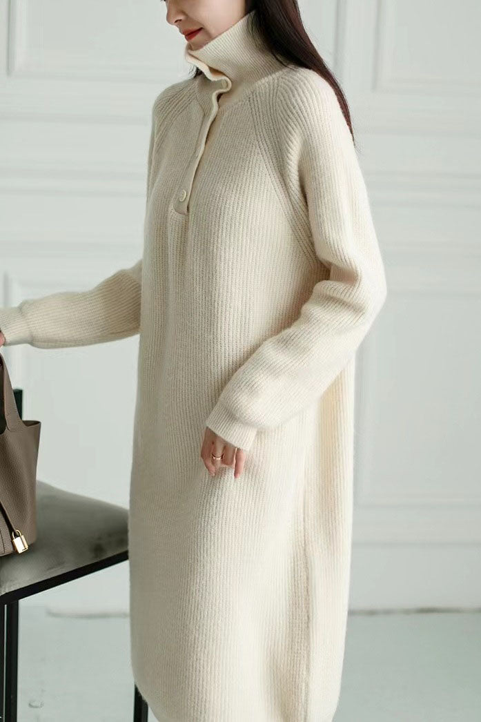 Creamtopmall Solid color buttoned turtleneck knitted dress