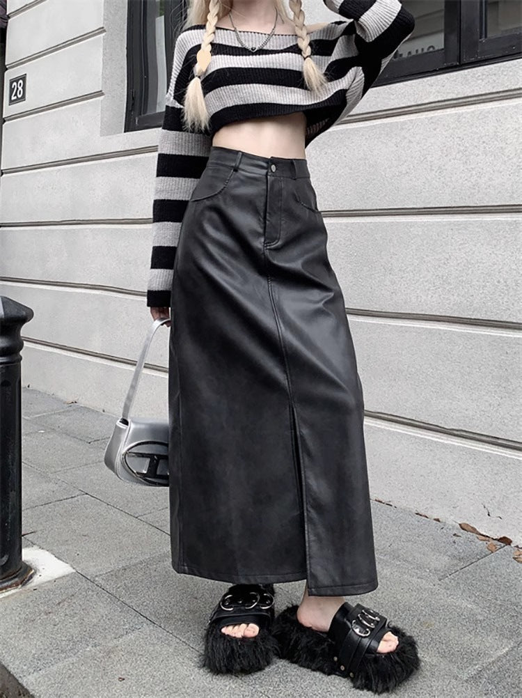 Creamtopmall Slit PU high waist half retro long skirt