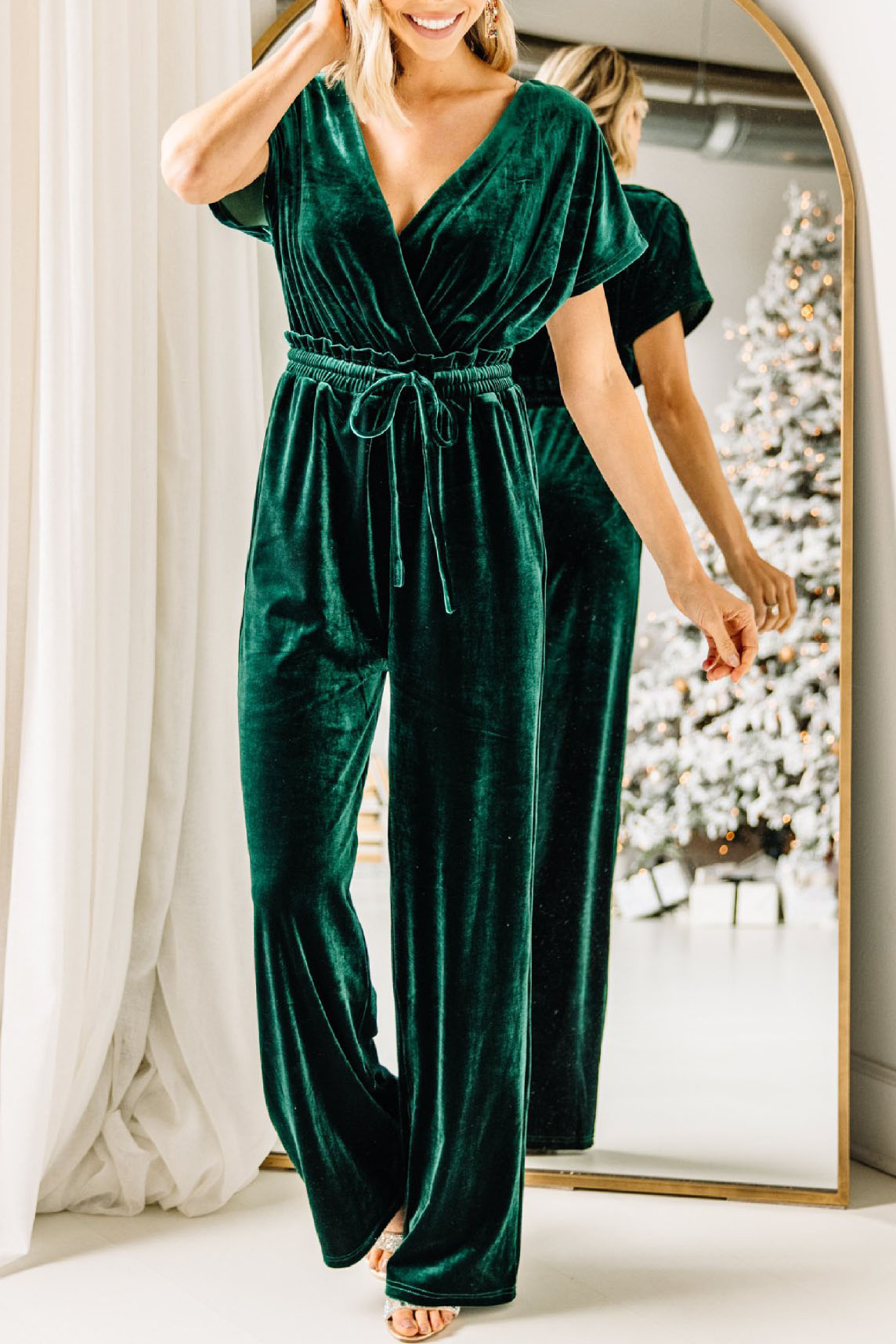 creamtopmall Holiday Vixen Emerald Green Velvet Jumpsuit