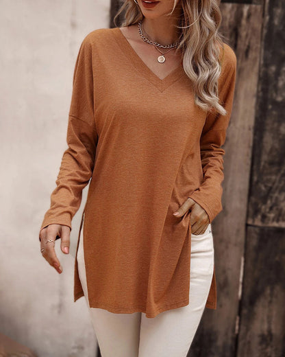 Creamtopmall Loose hem slit knitted long-sleeved T-shirt