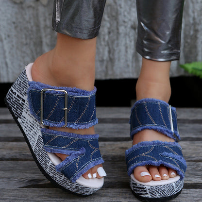 Creamtopmall Denim buckled wedge sandals