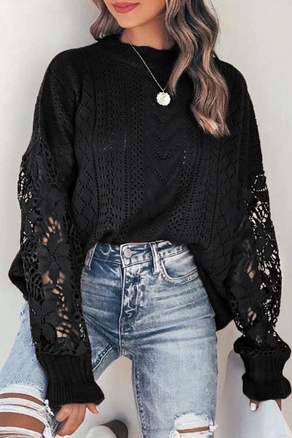 Creamtopmall Crochet Lace Pointelle Knit Sweater