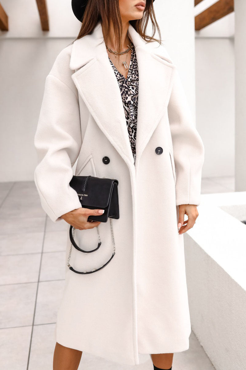 Creamtopmall Elegant Double-breasted Blazer-collar Long Woolen Coat