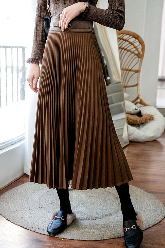 Creamtopmall Solid Color Pleated Wool Pleated Skirt