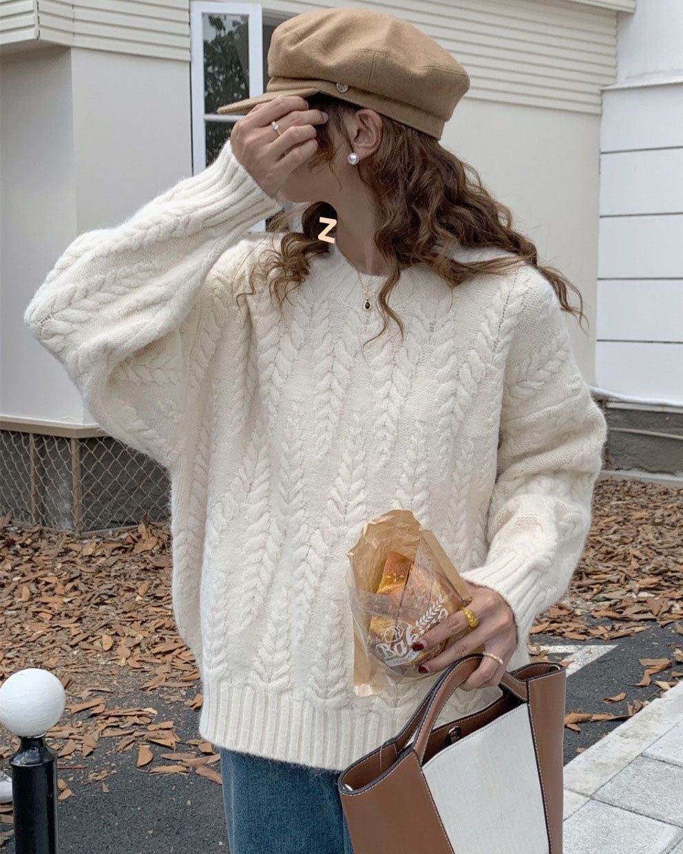 Creamtopmall Wheat twist loose knitted pullover sweater