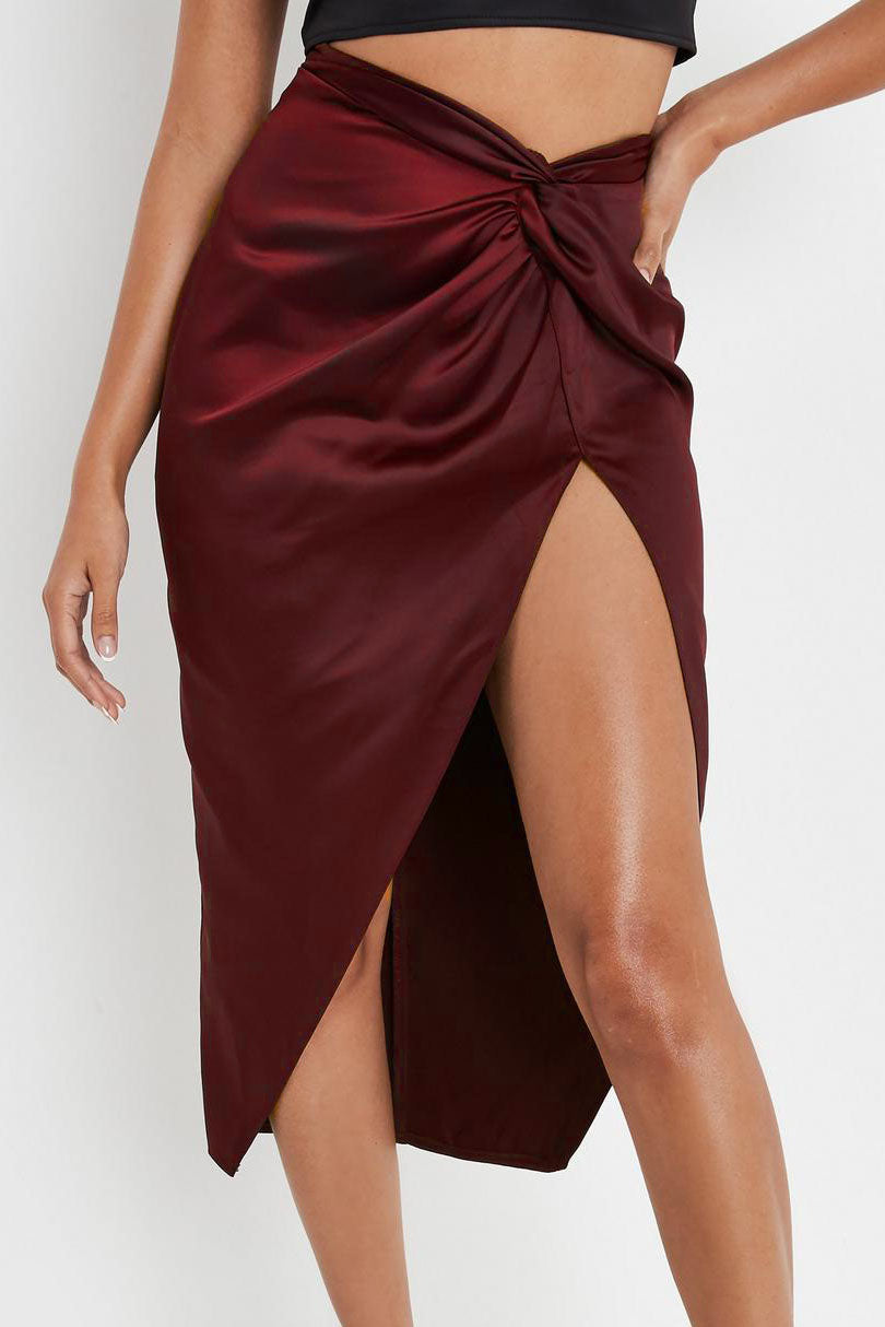 Creamtopmall High Waist Irregular Solid Satin Slit Skirt