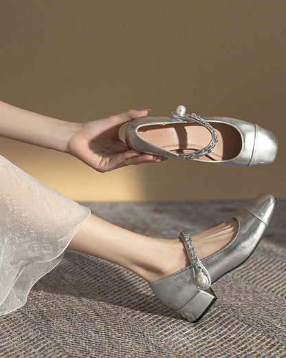 Creamtopmall Silver thick heel round toe Mary Jane shoes