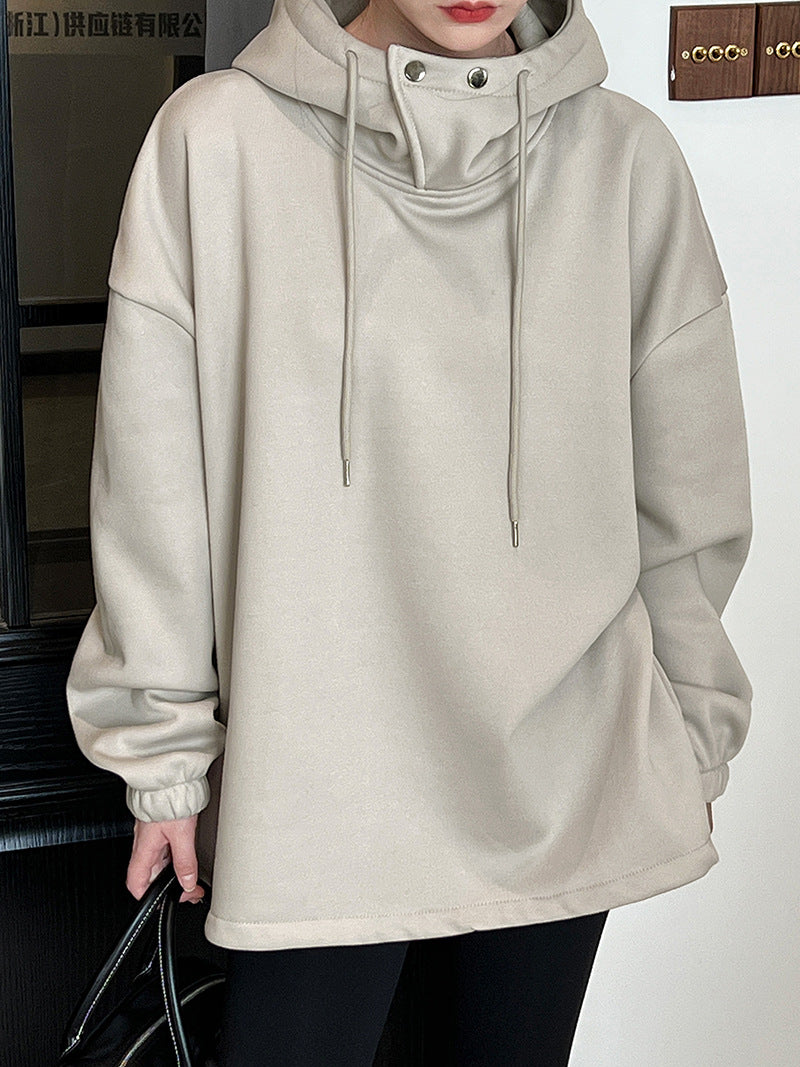 Creamtopmall Half High Collar with Button Details Thick Loose Hoodie