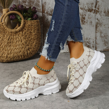 Creamtopmall Geometric pattern lace-up fly-knit sneakers