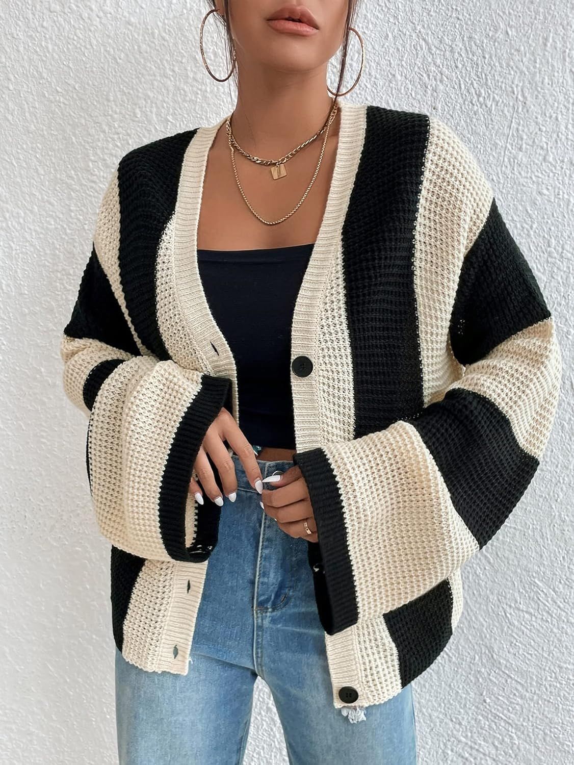 Creamtopmall Striped contrast bell sleeve knitted cardigan