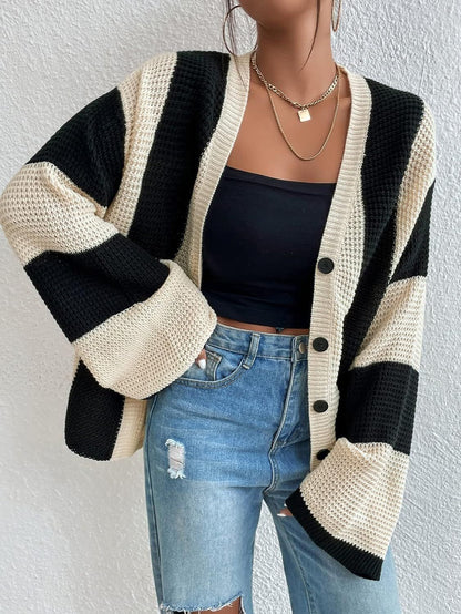 Creamtopmall Striped contrast bell sleeve knitted cardigan