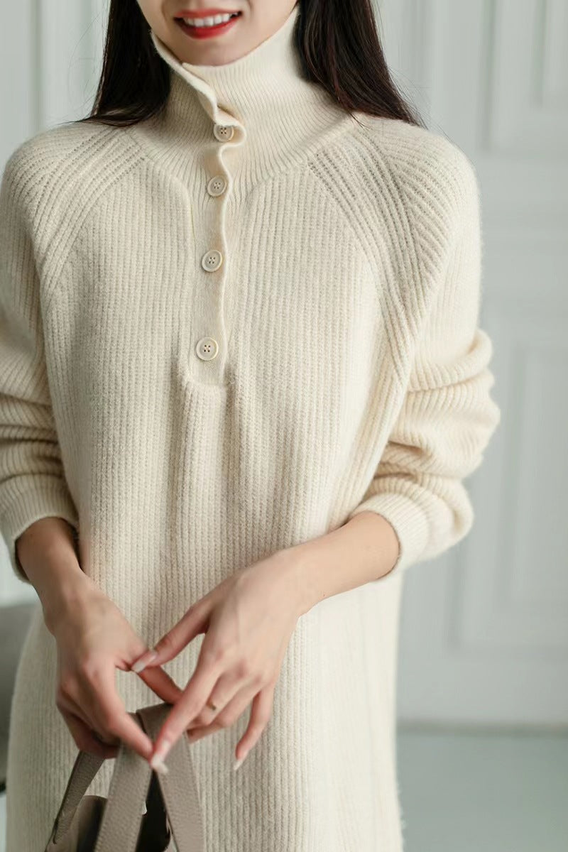 Creamtopmall Solid color buttoned turtleneck knitted dress