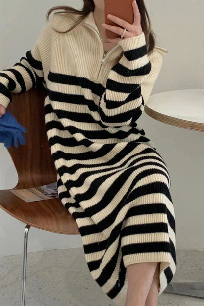 Creamtopmall Zip half turtleneck contrast striped mid-length knitted dress