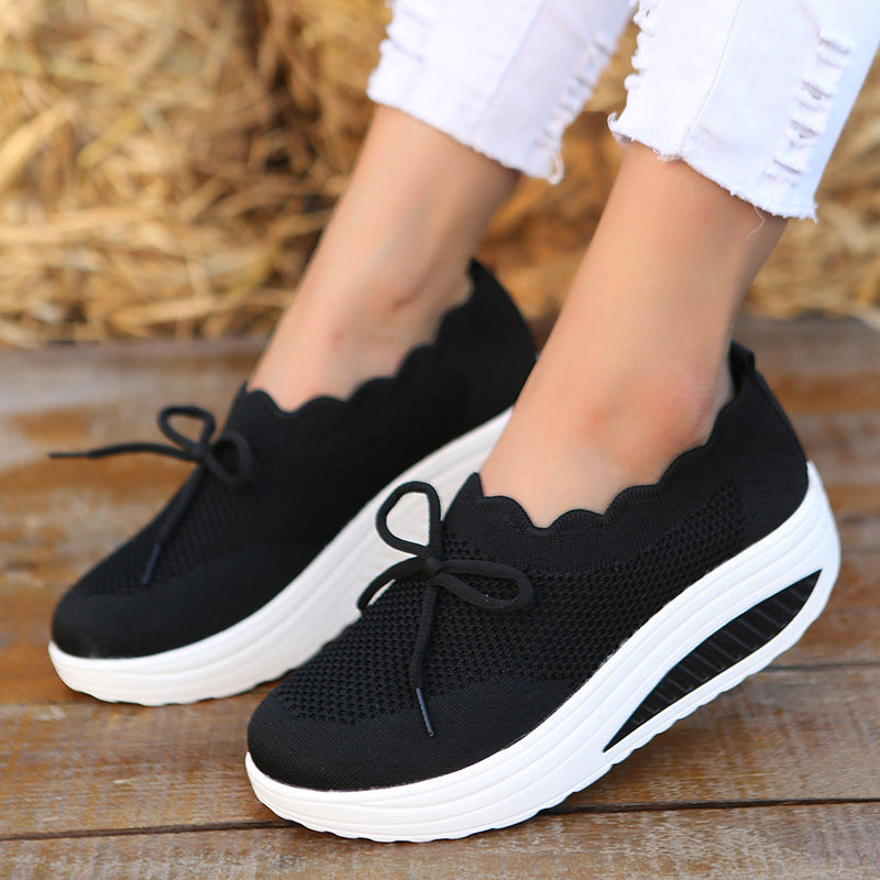 Creamtopmall Flyknit Mesh Platform Bow Sneakers