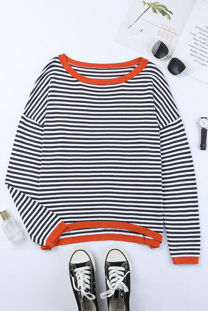 Creamtopmall Contrast striped drop shoulder sweater