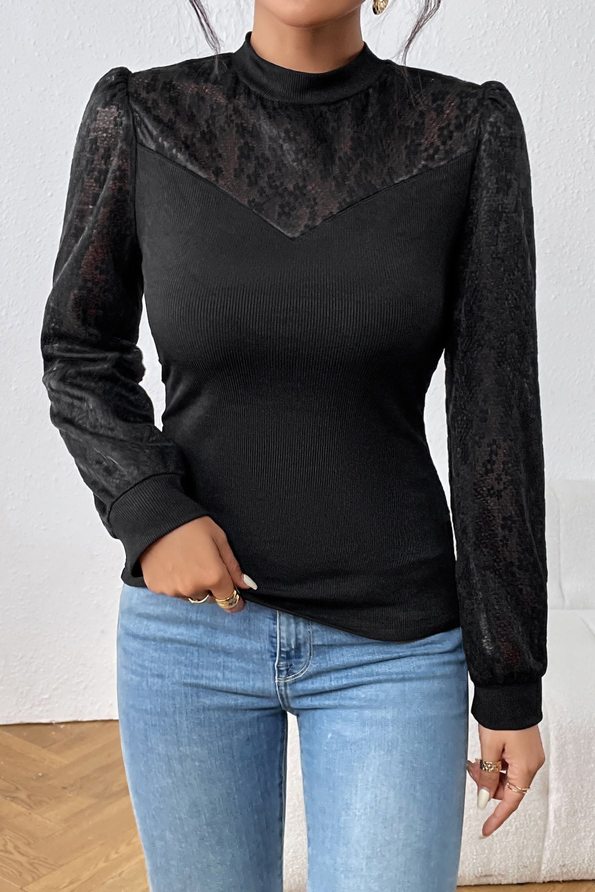 Creamtopmall Half turtleneck lace paneled long-sleeved black top