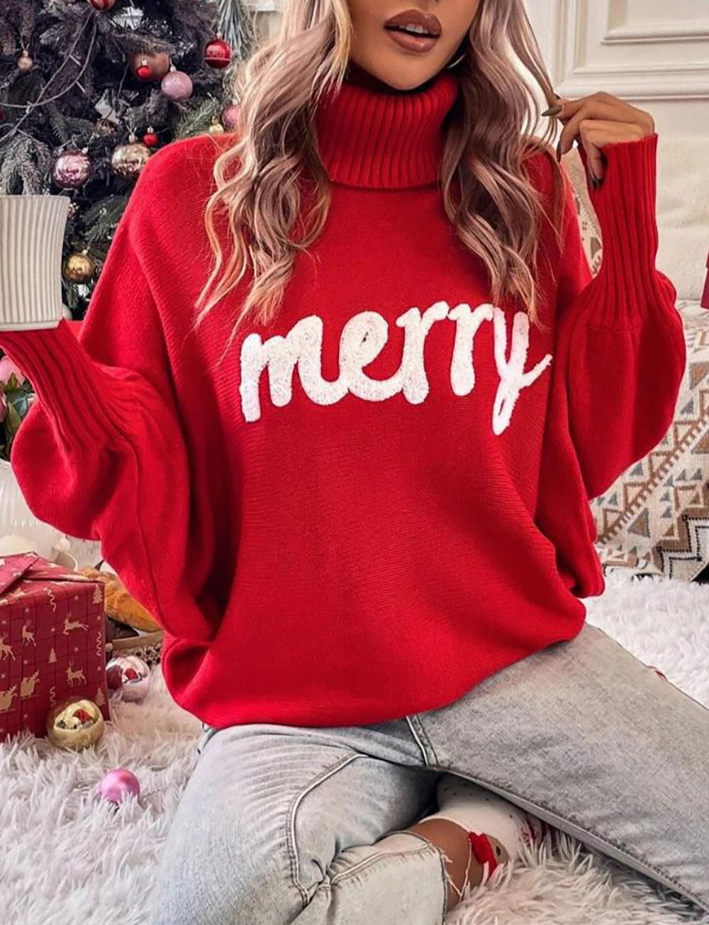 Creamtopmall Merry Holiday turtleneck bat sleeve sweater