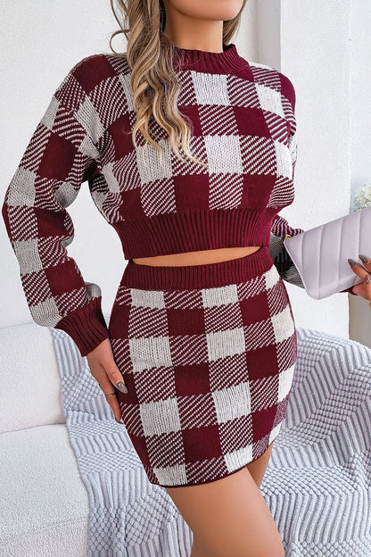 Creamtopmall Plaid long sleeve short sweater skirt suit