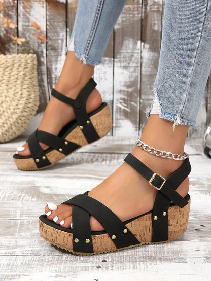 Creamtopmall Thick wedge strappy studded sandals