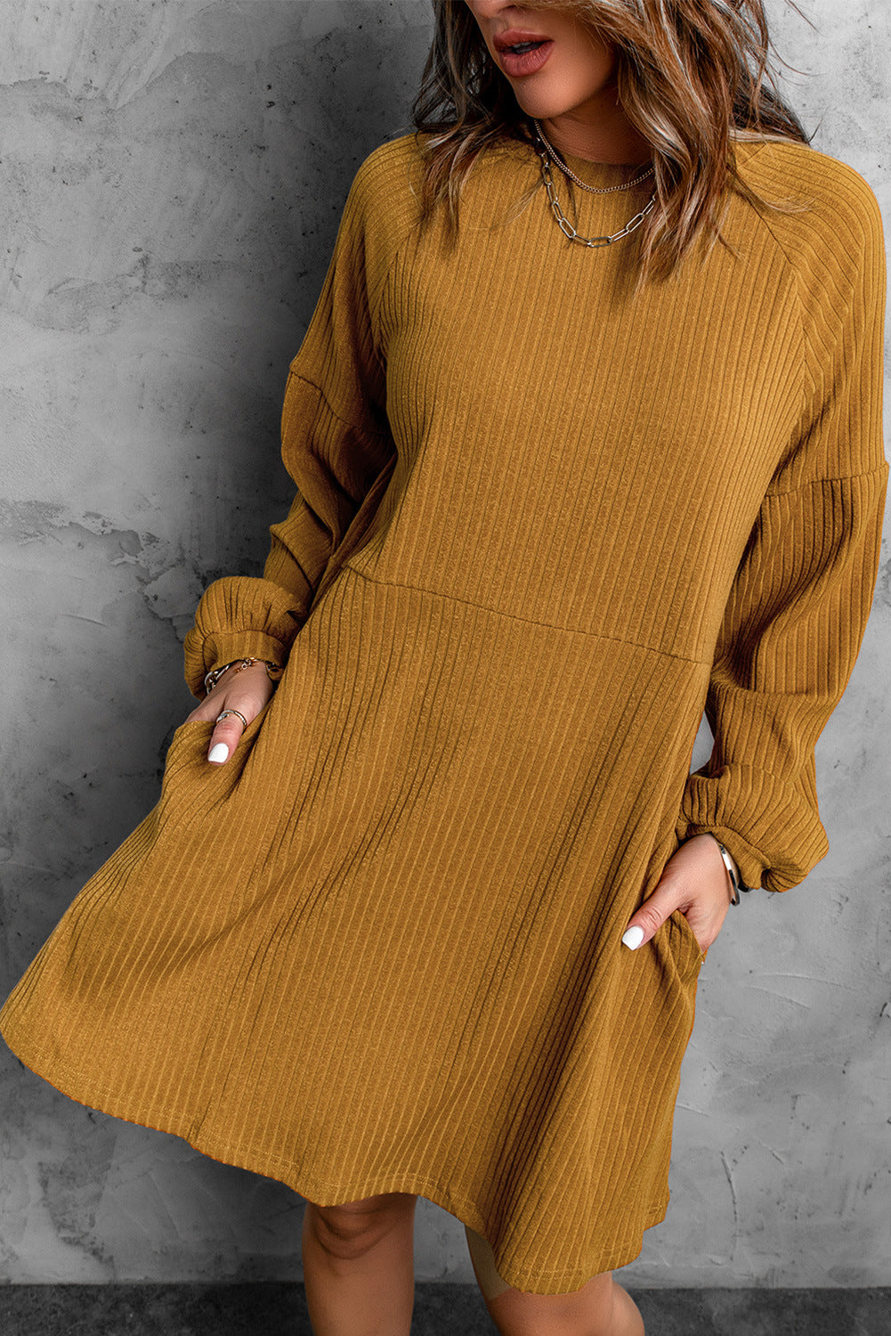 Creamtopmall Solid color round neck high waist knitted midi dress