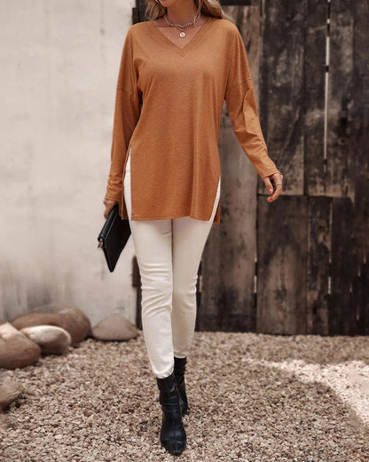 Creamtopmall Loose hem slit knitted long-sleeved T-shirt