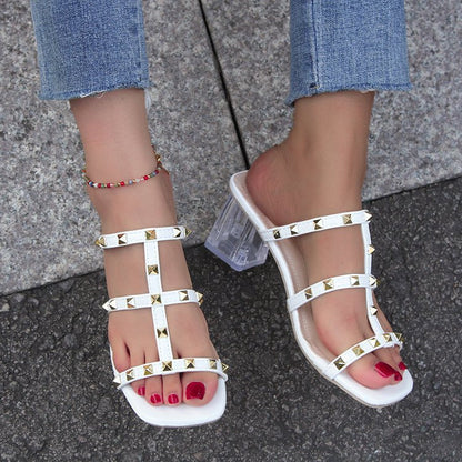 Creamtopmall Crystal mid-heel studded slide sandals