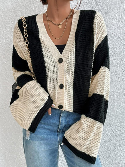 Creamtopmall Striped contrast bell sleeve knitted cardigan