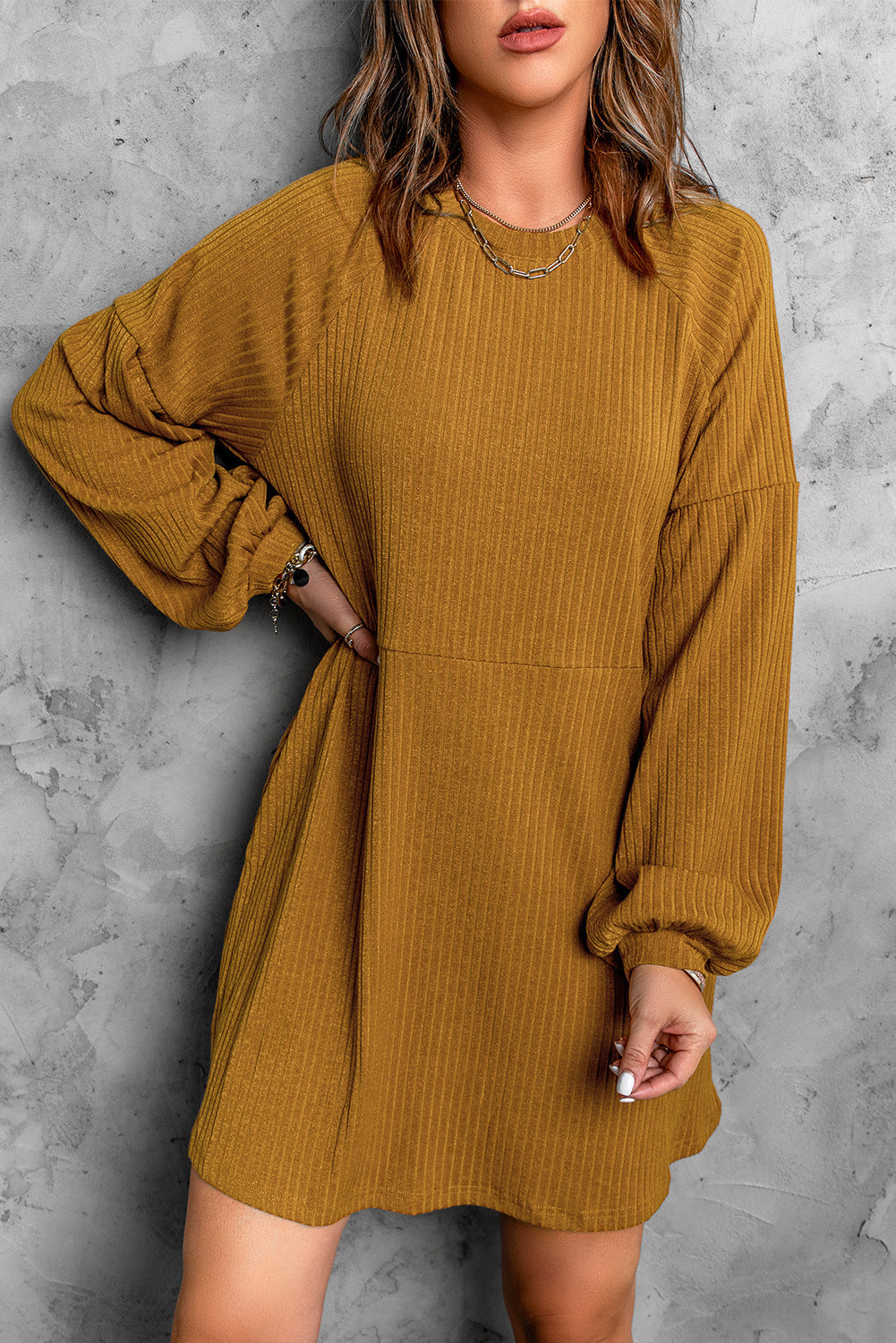 Creamtopmall Solid color round neck high waist knitted midi dress