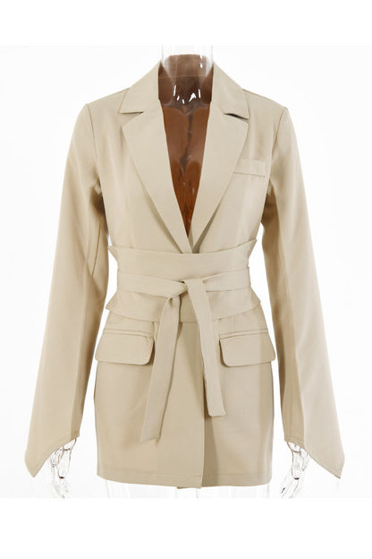 Creamtopmall Solid Color Belted Tunic Jacket