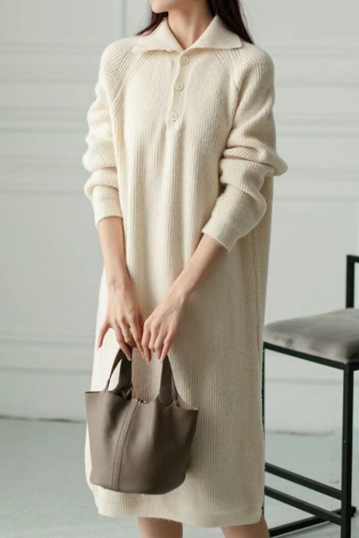 Creamtopmall Solid color buttoned turtleneck knitted dress