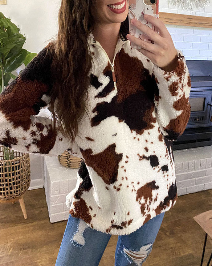 Creamtopmall Cow print polar fleece zipper sweatshirt