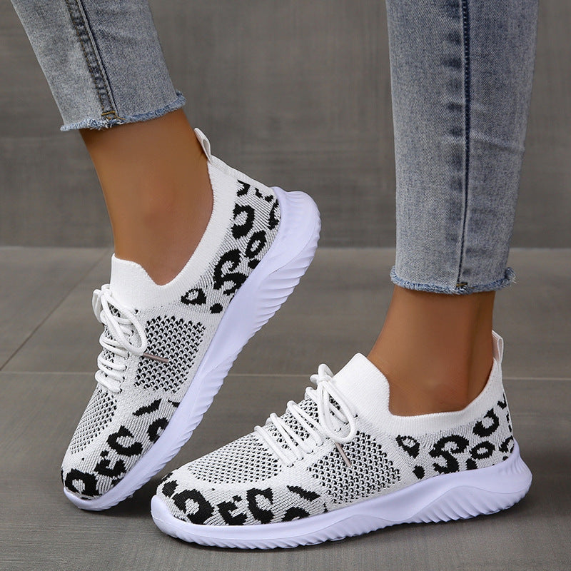 Creamtopmall Flyknit Breathable Leopard Print Color-block Sneakers