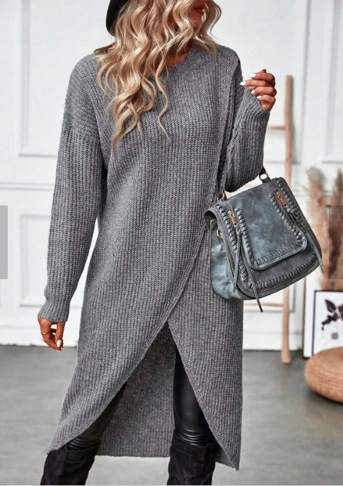 Creamtopmall Gray Asymmetrical Hem Long Sleeve Cardigan Dress