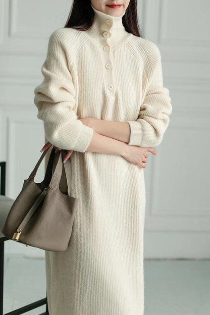 Creamtopmall Solid color buttoned turtleneck knitted dress