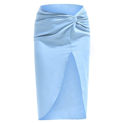 Creamtopmall High Waist Irregular Solid Satin Slit Skirt