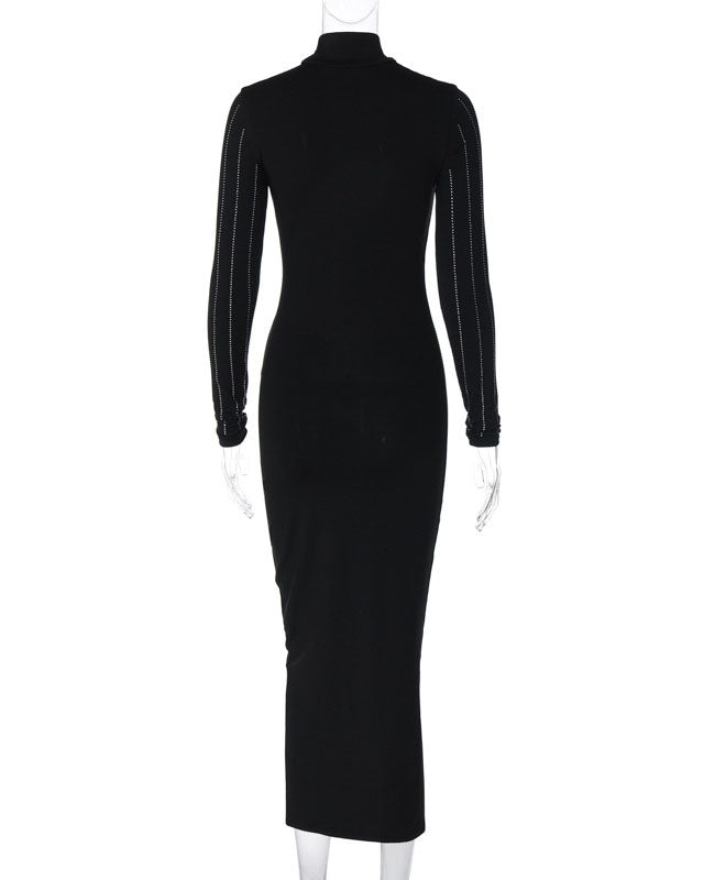 Creamtopmall Black diamond-embellished slim high-neck dress