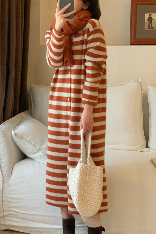 Creamtopmall V-neck striped knitted cardigan long dress