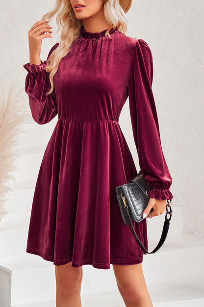 Creamtopmall High collar velvet waisted lantern sleeve retro dress