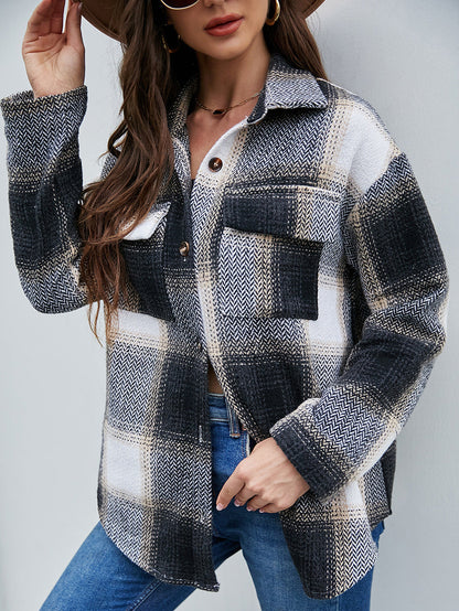 Creamtopmall Single-breasted Coarse Woven Plaid Shirt Jacket