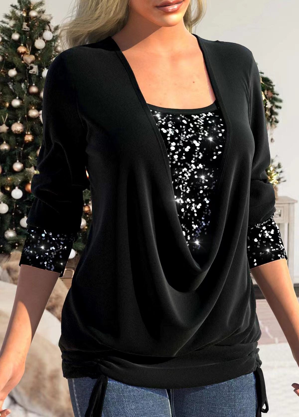 Creamtopmall Drop collar sequin embellished smocked top