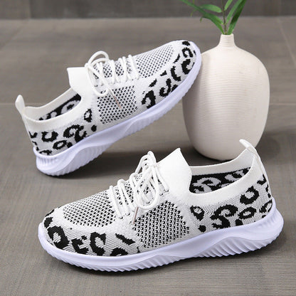 Creamtopmall Flyknit Breathable Leopard Print Color-block Sneakers